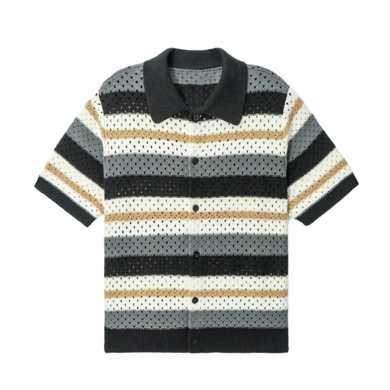 cotton polo T-shirt cardigan open work weave striped