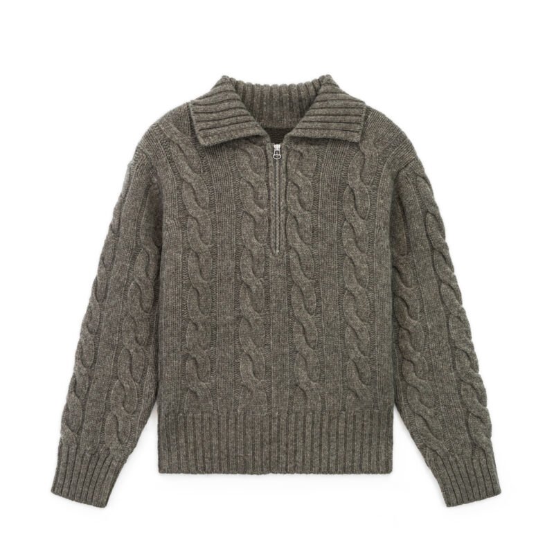 wool pullover cable polo neck zip