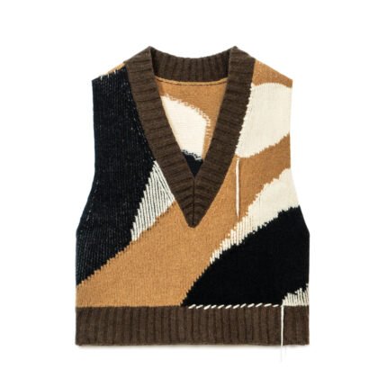 wool Vest patchwork v neck
