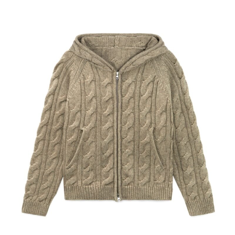 wool cardigan hooded full zip cable jacquard graphic