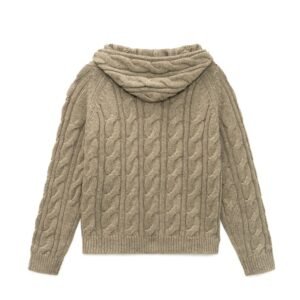 wool cardigan hooded full zip cable jacquard graphic
