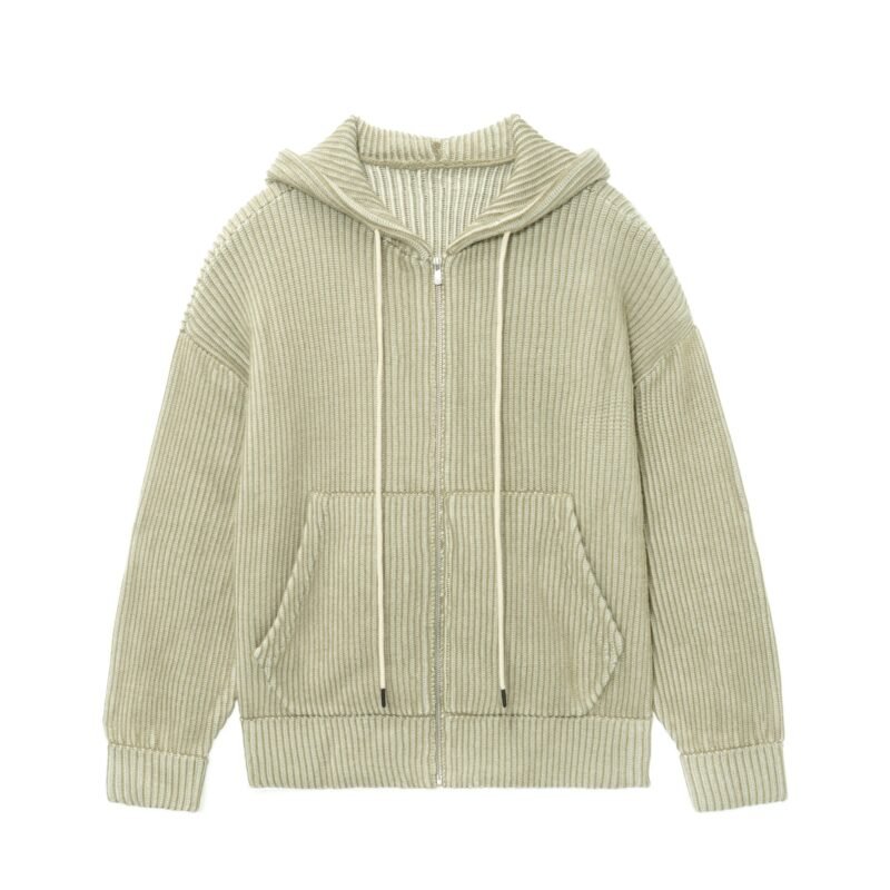 wool cardigan hooded full zip pocket weave striped