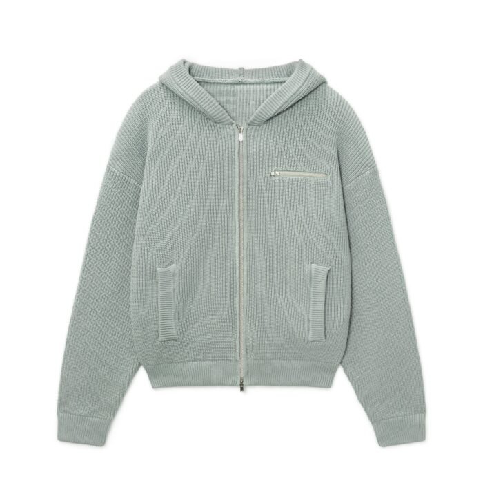 cotton full zip hoodie solid color jacquard ribbed with zipper pocket