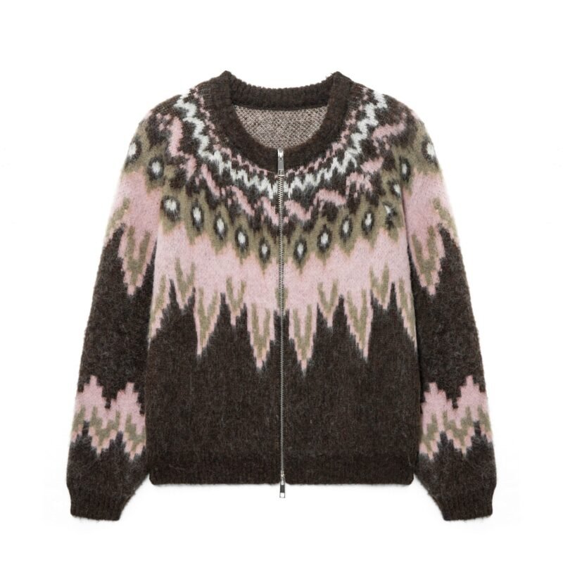 wool cardigan fair isle graphic full zip