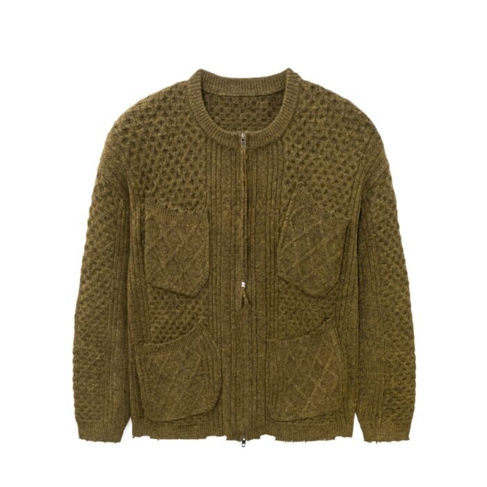 alpaca Mens Full Zip Cardigan Sweaters – Waffle Cable 4-Pocket Striped Design