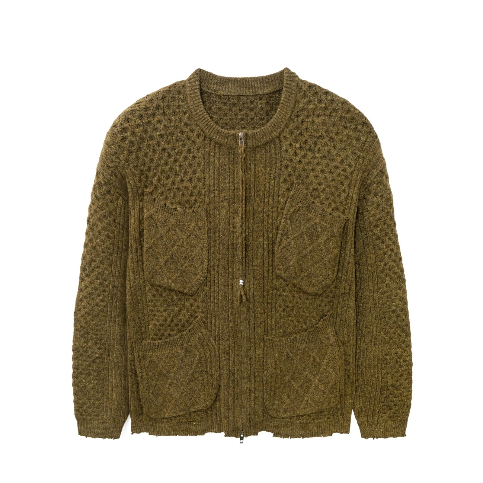 alpaca Mens Full Zip Cardigan Sweaters – Waffle Cable 4-Pocket Striped Design
