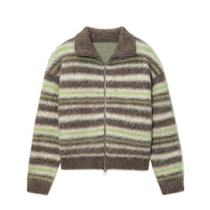 Mohair Mens Cardigan Sweaters Full Zip Jacquard Striped Graphic
