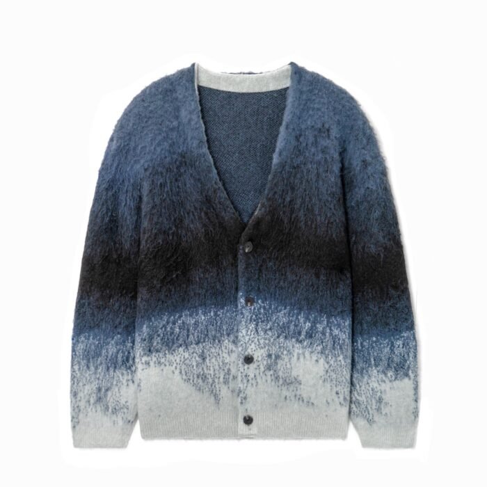 Mohair Mens Deep V Neck Cardigan Tie Dye Striped Graphic Sweaters