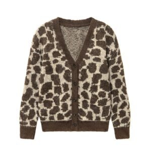 Mohair Mens Deep V Neck Leopard Graphic Cardigan Sweaters Bulk