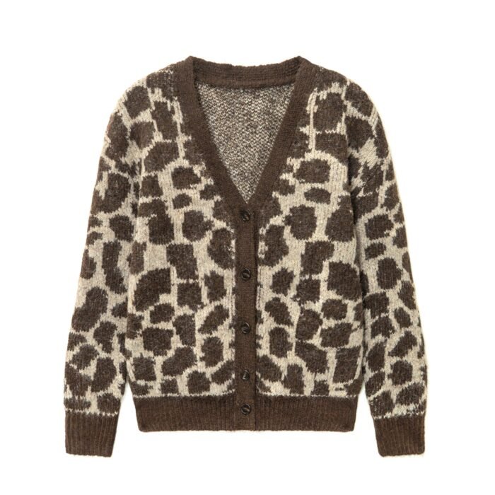 Mohair Mens Deep V Neck Leopard Graphic Cardigan Sweaters Bulk