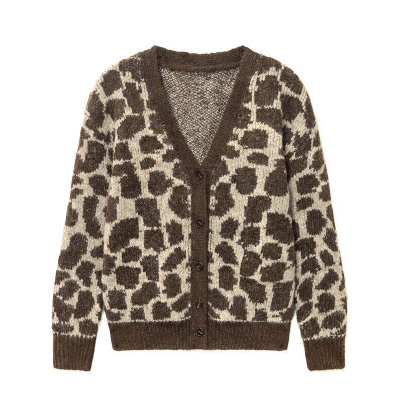 mohair cardigan deep v neck Leopard graphic