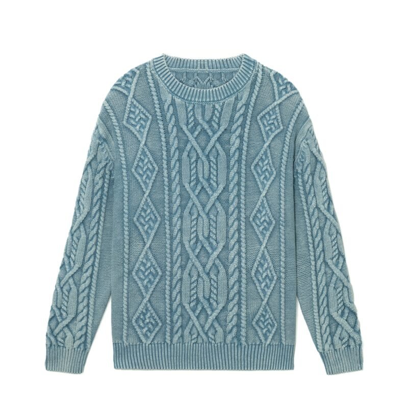 cotton pullover acid wash jacquard cable