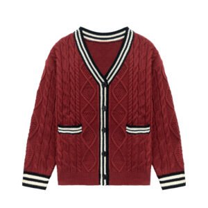 wool cardigan red college cable weave