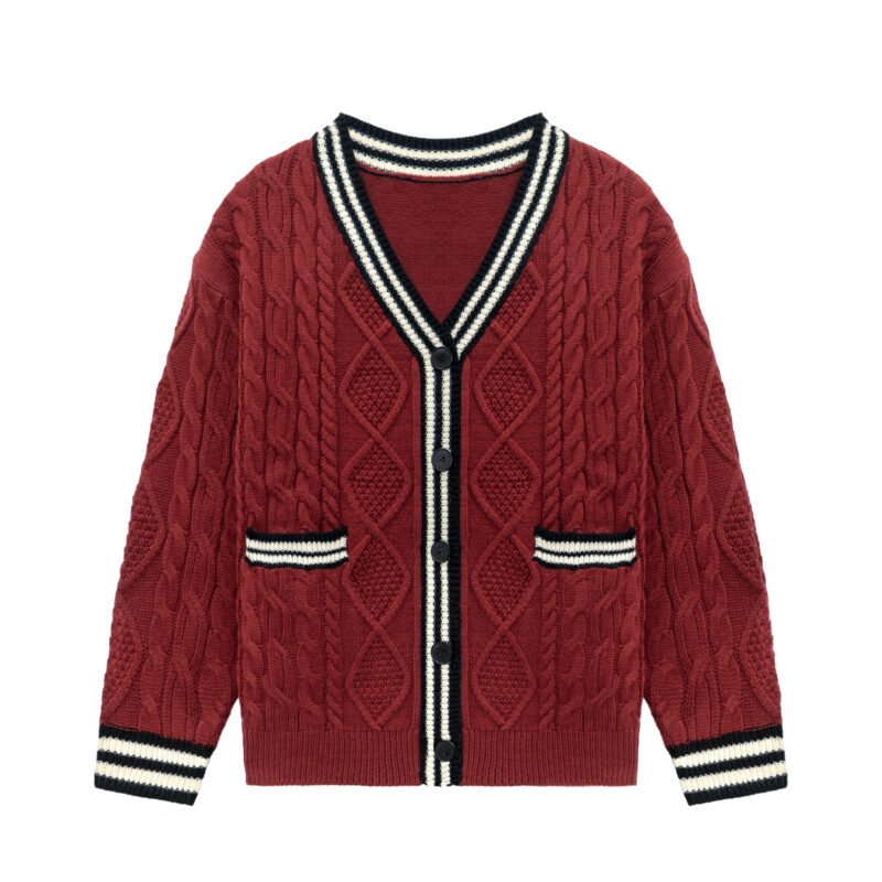 wool cardigan red college cable weave