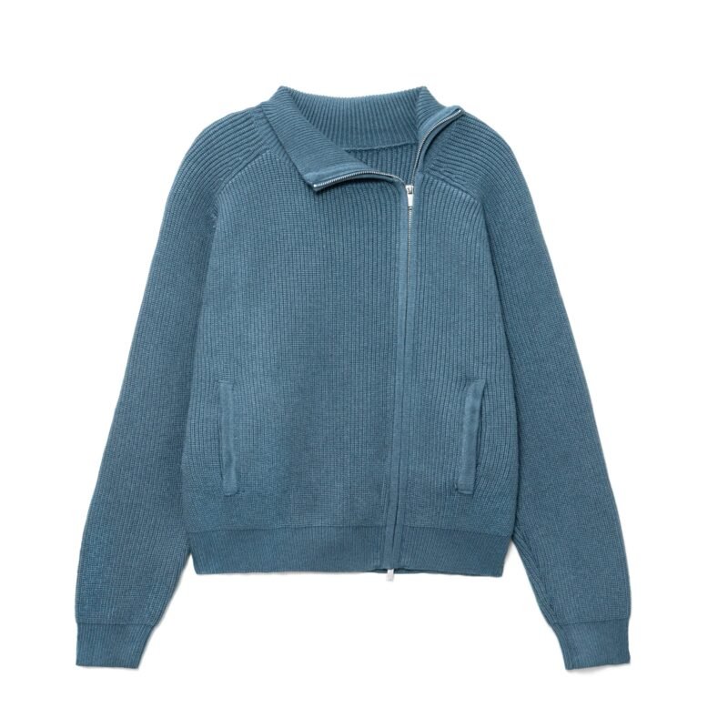 Men's Mock Neck Full-Zip Ribbed Sweater in Blue