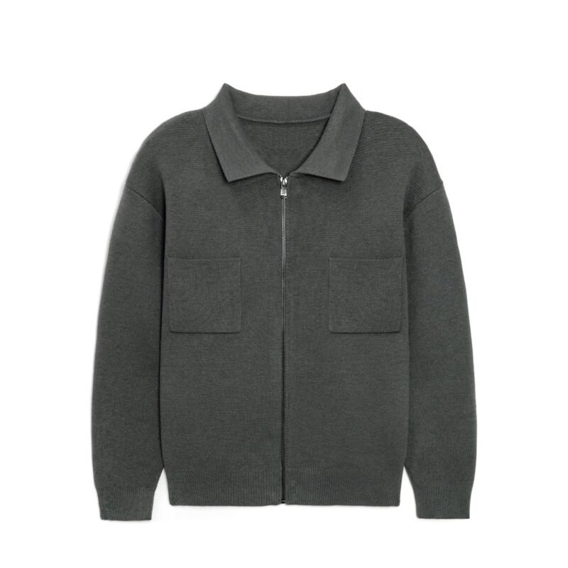 Men's Charcoal Gray Full-Zip Sweater with Patch Pockets