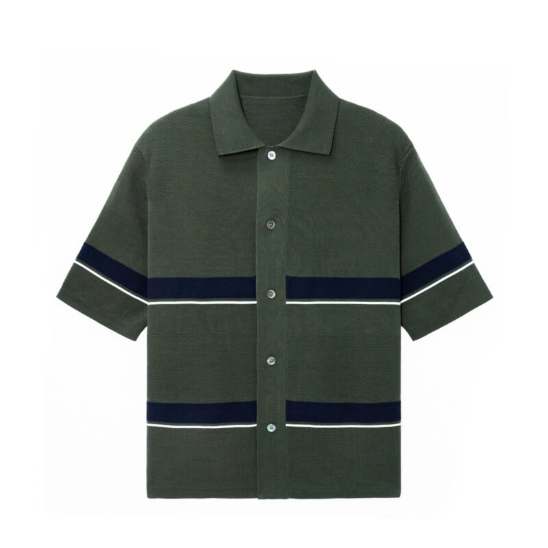 Men's Textured Knit Polo Shirt Green Navy Stripe