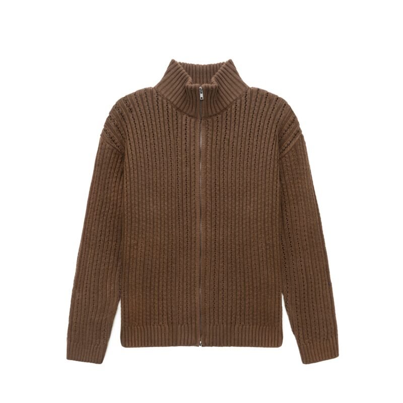 Men Full Zip Sweater Ribbed Mock Neck