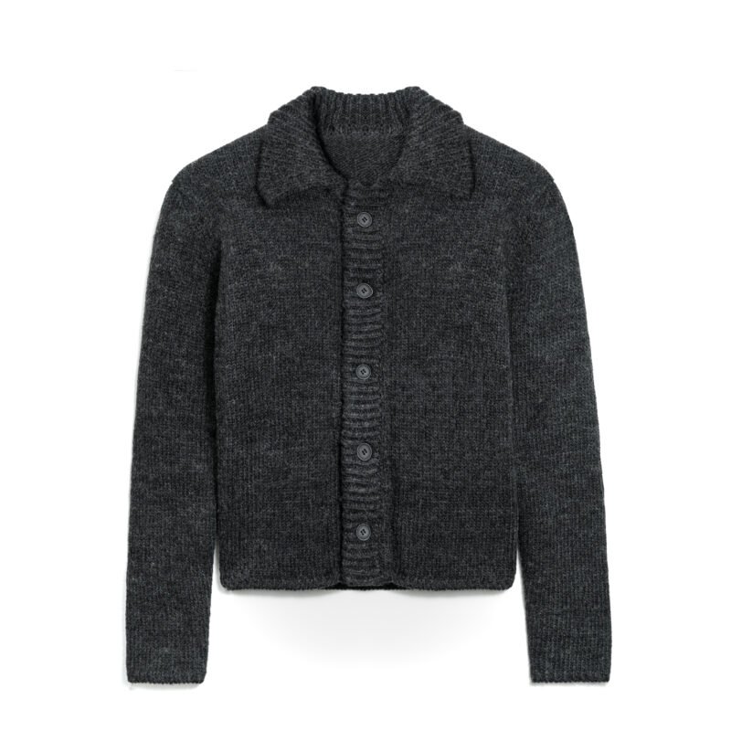 Men's Mohair Blend Cardigan with Collar - Fuzzy Dark Grey