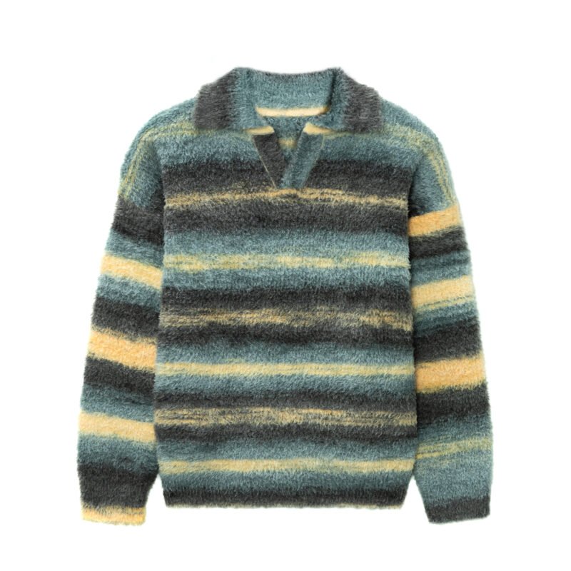 Men's Fuzzy Striped Polo Sweater - Cashmere Blend Jumper