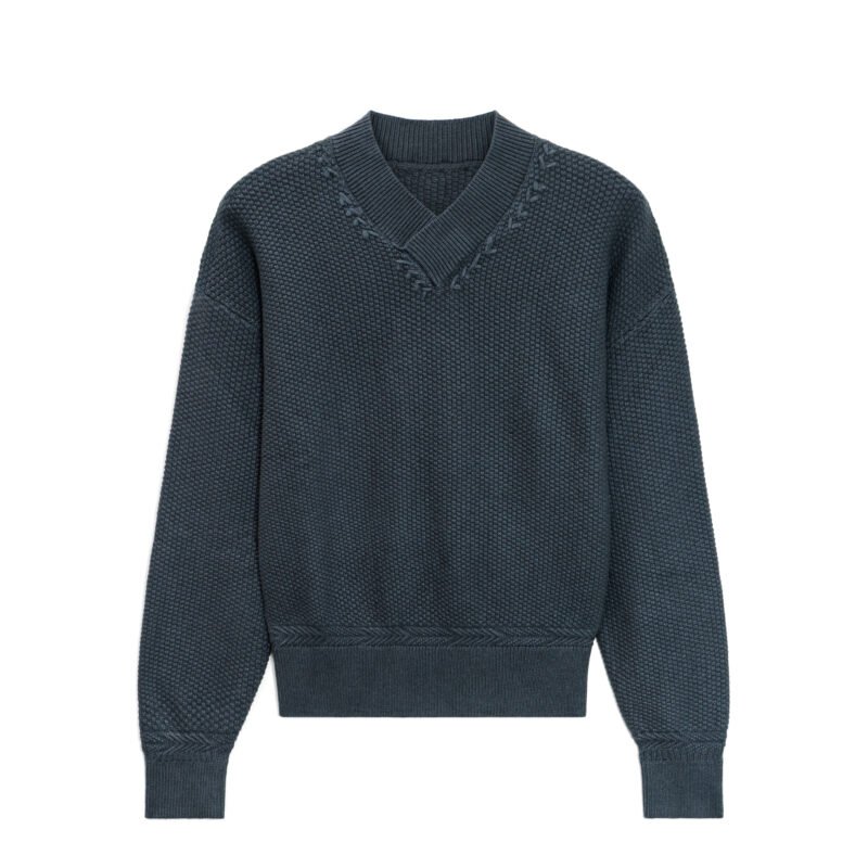 Men's Textured Cotton V-Neck Sweater - Detail Collar Jumper